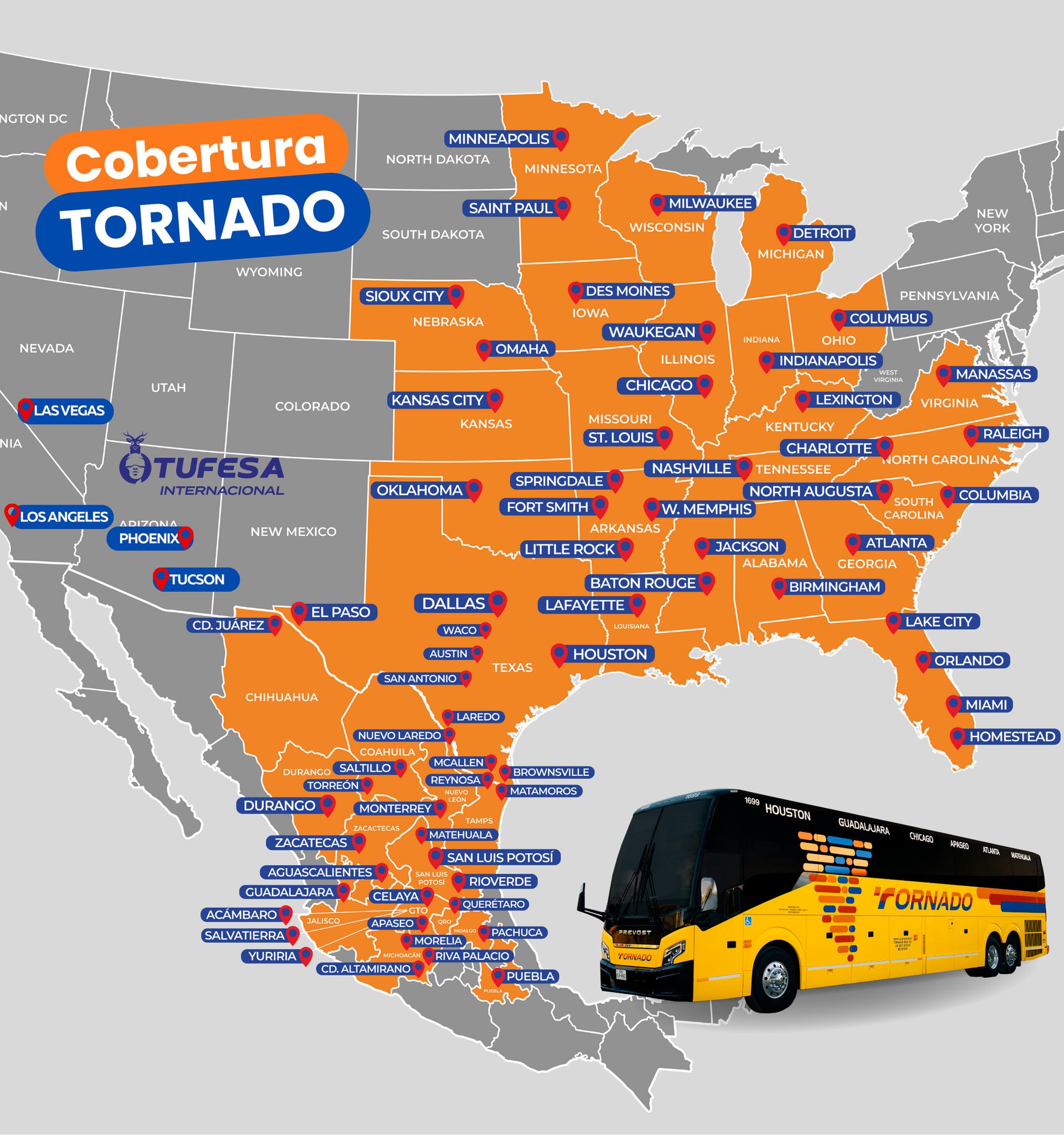 Alcance geográfico Tornado Bus en Perú, USA y México